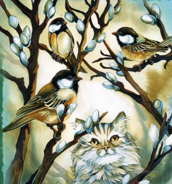 ici berdie berdie chat les oiseaux Peinture à l'huile